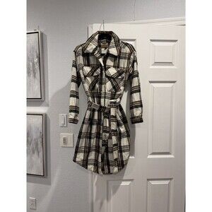 BlankNYC Trench Jacket Women Medium White Brown Plaid Flannel Belted Snap